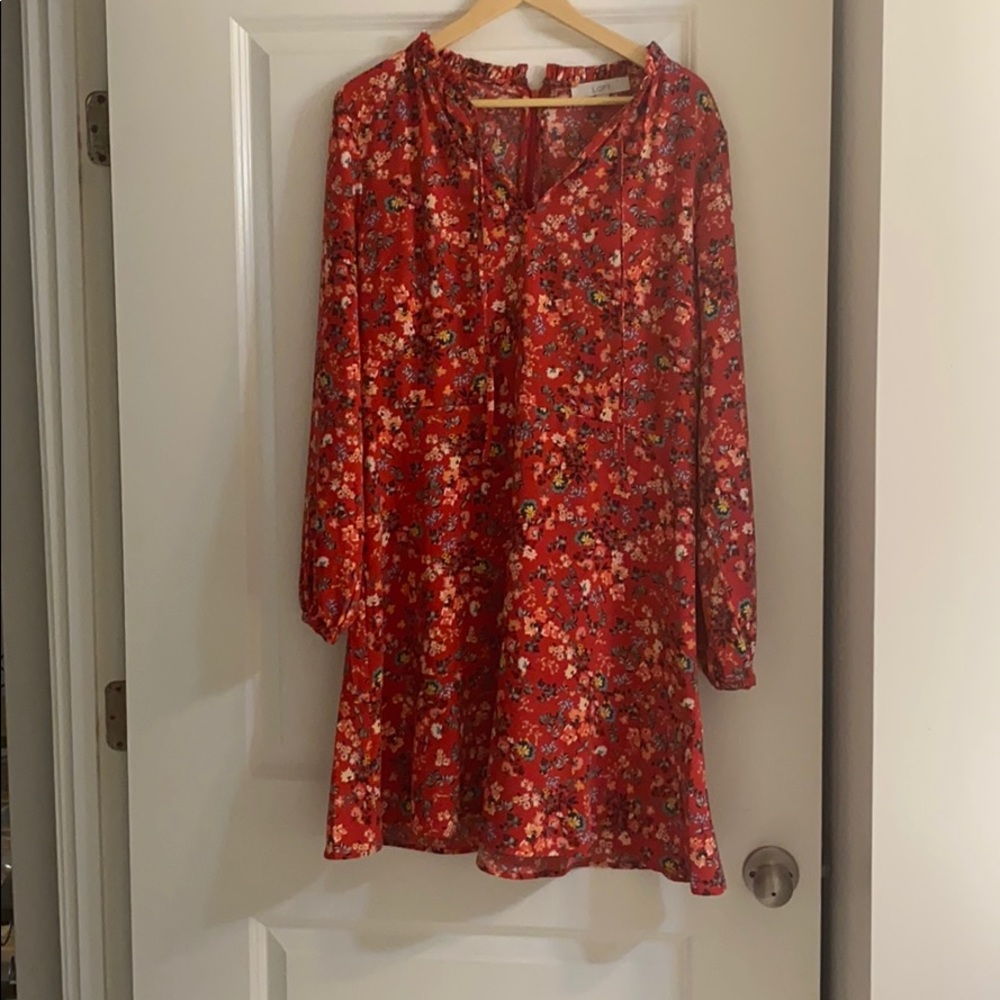 Ann Taylor LOFT Red Primrose Tie Neck Flare Dress